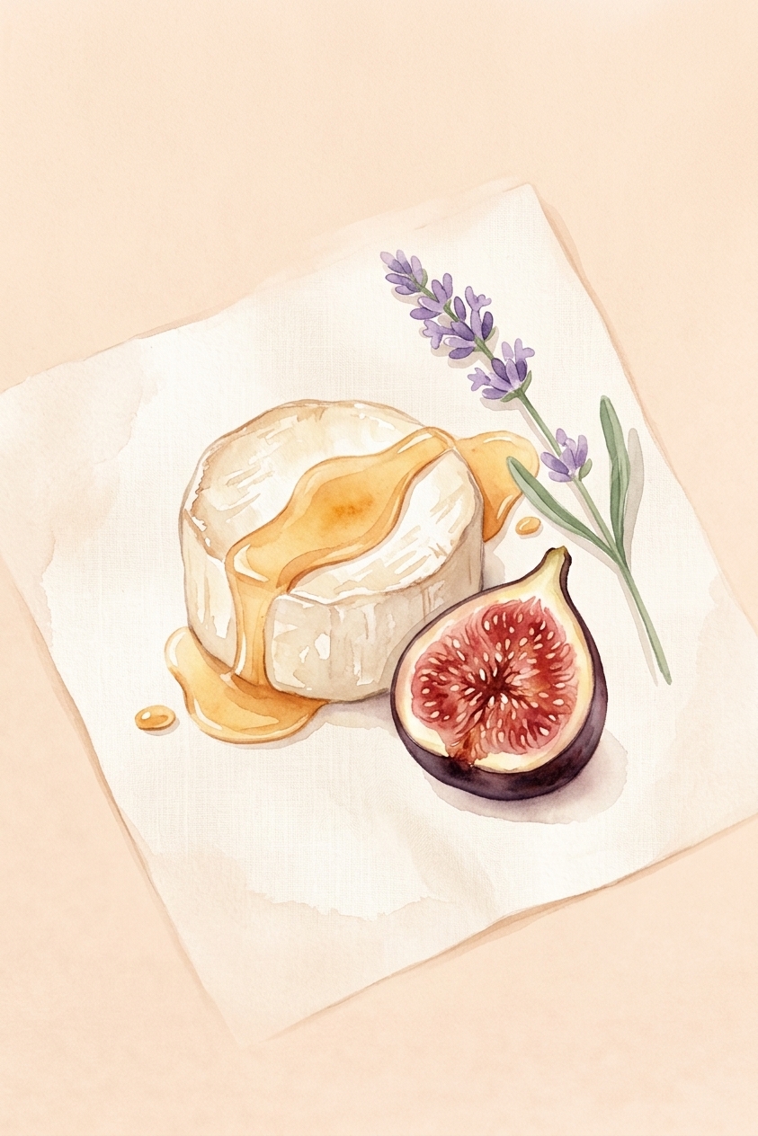 Illustration aquarelle de chèvre frais, figue et lavande