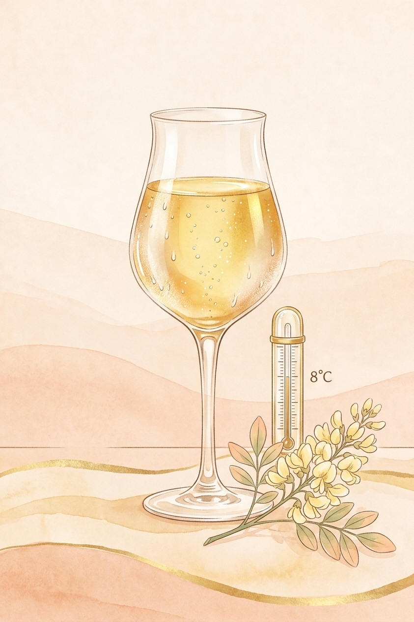 Illustration d'un verre avec mead pétillant et thermomètre à 5°C