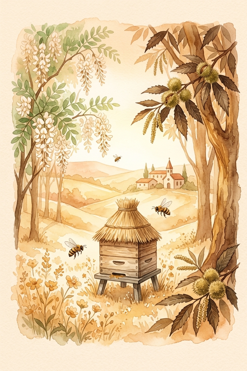 Illustration aquarelle d'un paysage français avec ruche et fleurs d'acacia
